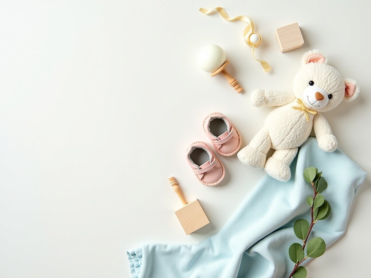 Itens essenciais para um bebé dispostos em arranjo para uma lista de presentes