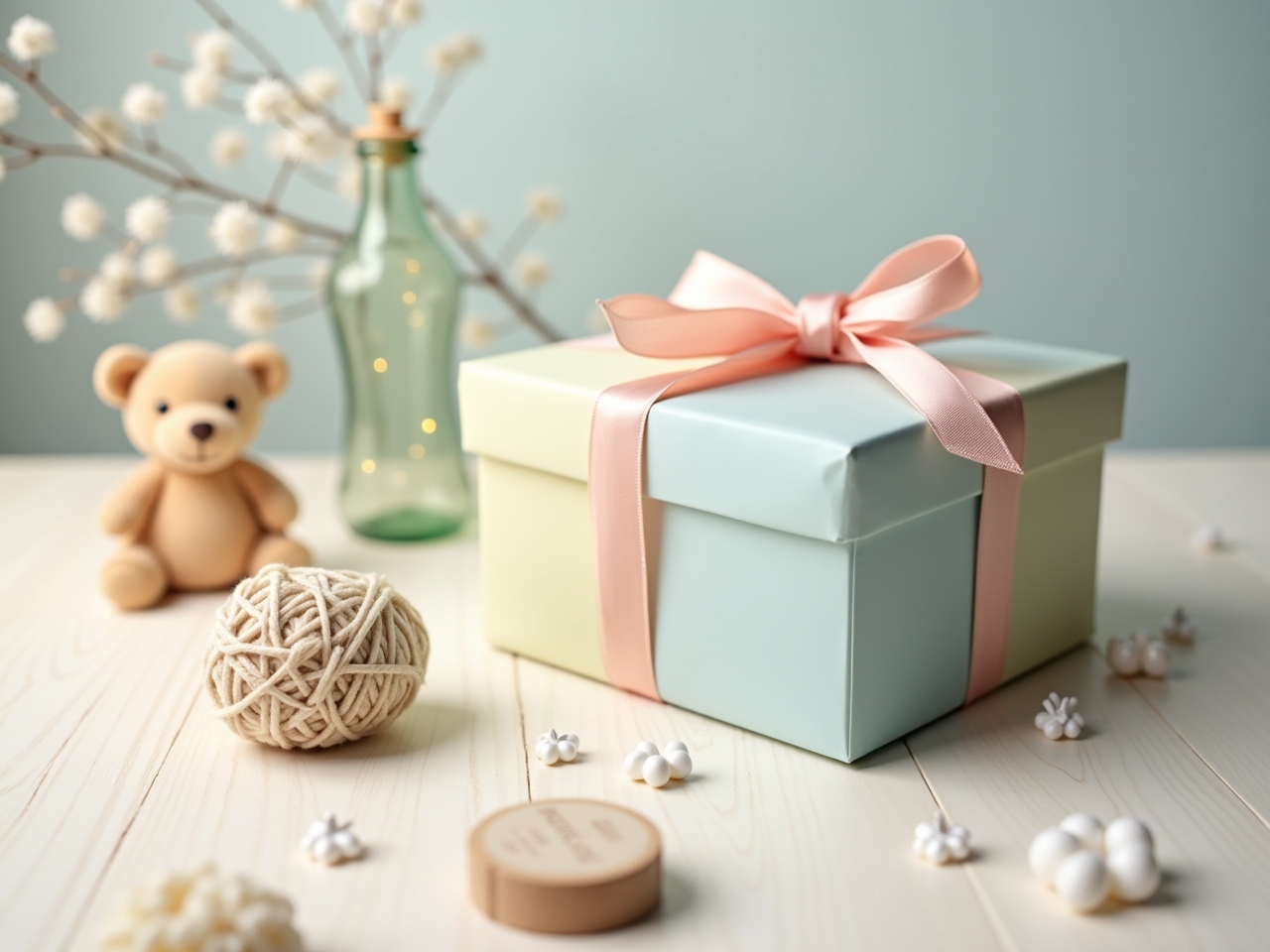 Presente embrulhado para bebé com decoração